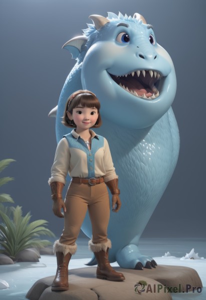 1girl,smile,short hair,open mouth,bangs,blue eyes,brown hair,shirt,gloves,brown eyes,standing,full body,hairband,boots,teeth,belt,pants,water,black eyes,lips,fur trim,brown footwear,blue shirt,plant,claws,brown gloves,rock,dragon,brown pants,dinosaur,solo,vest,sharp teeth