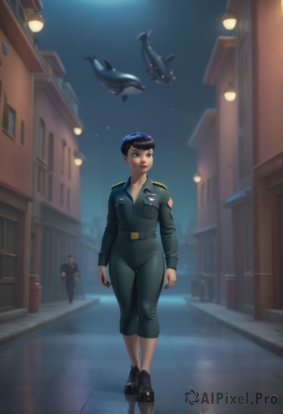 1girl,breasts,short hair,black hair,jewelry,standing,jacket,full body,purple hair,earrings,outdoors,sky,shoes,solo focus,belt,pants,nail polish,black footwear,uniform,black eyes,lips,looking to the side,military,military uniform,makeup,night,animal,thigh gap,moon,lipstick,building,black nails,night sky,full moon,walking,green jacket,city,very short hair,police,street,jumpsuit,green pants,shark,solo,blue eyes,cleavage,medium breasts,star (sky),road,lamppost