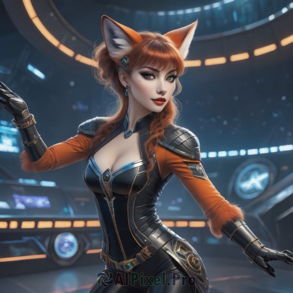 1girl,solo,long hair,breasts,looking at viewer,bangs,large breasts,brown hair,hair ornament,gloves,animal ears,cleavage,brown eyes,jewelry,medium breasts,cowboy shot,earrings,parted lips,black gloves,belt,pants,artist name,orange hair,armor,mole,lips,fox ears,clothing cutout,mole under eye,bodysuit,makeup,fox tail,cleavage cutout,lipstick,fox girl,gauntlets,zipper,red lips,leather,smile,green eyes,red hair,fur trim,watermark,facial mark,shoulder armor,freckles,realistic