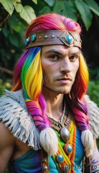 solo,long hair,looking at viewer,blonde hair,1boy,jewelry,closed mouth,green eyes,upper body,pink hair,purple hair,braid,male focus,multicolored hair,outdoors,sleeveless,necklace,blurry,black eyes,twin braids,two-tone hair,lips,gradient hair,blurry background,facial hair,leaf,feathers,gem,beard,freckles,realistic,nose,mustache,multiple braids,blue eyes,fur trim,headband