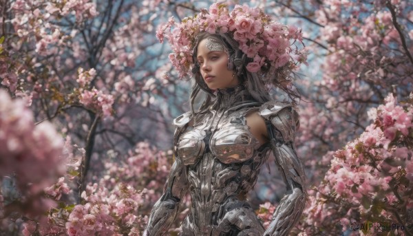 1girl, solo, long hair, hair ornament, closed eyes, upper body, flower, hair flower, armor, blurry, tree, lips, cherry blossoms, pink flower, realistic