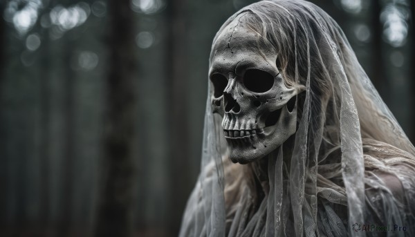 solo,1boy,upper body,male focus,teeth,blurry,no humans,depth of field,blurry background,veil,1other,skull,skeleton,hood,horror (theme)