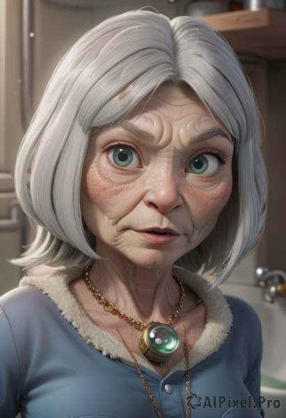 1girl,solo,breasts,looking at viewer,short hair,blue eyes,shirt,jewelry,medium breasts,green eyes,collarbone,upper body,white hair,grey hair,parted lips,teeth,indoors,necklace,blurry,lips,fur trim,eyelashes,blurry background,blue shirt,pendant,realistic,nose,old,old woman,wrinkled skin,artist name,watermark,scar,gem,web address,veins,deviantart username