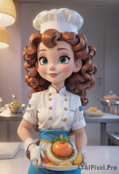 1girl,solo,long hair,looking at viewer,blush,smile,blue eyes,brown hair,gloves,hat,holding,green eyes,white shirt,short sleeves,food,indoors,white gloves,blurry,apron,aqua eyes,lips,buttons,fruit,blurry background,white headwear,waist apron,plate,tray,freckles,curly hair,double-breasted,orange (fruit),chef hat,chef,bangs,dress,jewelry,cowboy shot,parted lips,bowl,kitchen