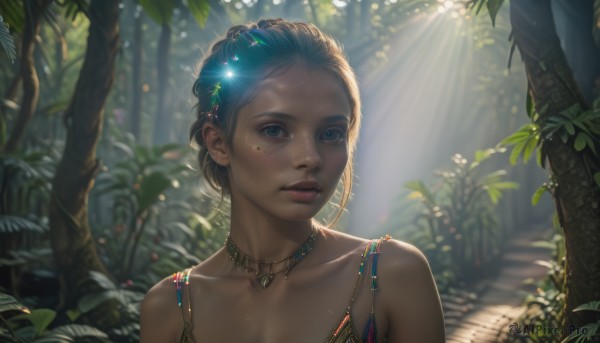 1girl,solo,looking at viewer,short hair,blue eyes,brown hair,hair ornament,bare shoulders,jewelry,collarbone,upper body,sweat,outdoors,parted lips,day,artist name,signature,dark skin,necklace,mole,blurry,dark-skinned female,tree,lips,eyelashes,mole under eye,blurry background,leaf,sunlight,plant,portrait,nature,forest,freckles,light rays,realistic,nose,dappled sunlight,black hair,earrings,gem