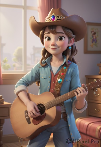 1girl,solo,long hair,blush,smile,bangs,brown hair,shirt,long sleeves,hat,holding,brown eyes,jewelry,closed mouth,standing,jacket,cowboy shot,earrings,open clothes,day,belt,pants,indoors,blurry,lips,window,buttons,depth of field,blurry background,chair,table,thick eyebrows,denim,curtains,blue jacket,gem,instrument,sleeves rolled up,freckles,jeans,music,brown headwear,blue pants,guitar,brown belt,playing instrument,holding instrument,blue coat,cowboy hat,mole above mouth,denim jacket,looking at viewer,white shirt,vest,poster (object),lute (instrument),acoustic guitar