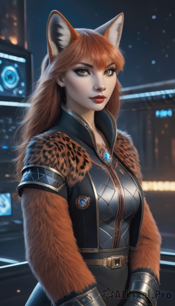 1girl,solo,long hair,breasts,looking at viewer,bangs,brown hair,gloves,animal ears,brown eyes,jewelry,medium breasts,jacket,earrings,outdoors,black gloves,belt,pants,artist name,necklace,blurry,lips,black jacket,fox ears,makeup,night,blurry background,fox tail,lipstick,brooch,fox girl,gem,furry,buckle,freckles,furry female,red lips,yellow eyes,upper body,orange hair,orange eyes,animal ear fluff,animal print,extra ears,eyeshadow,city,fur,leopard print,city lights