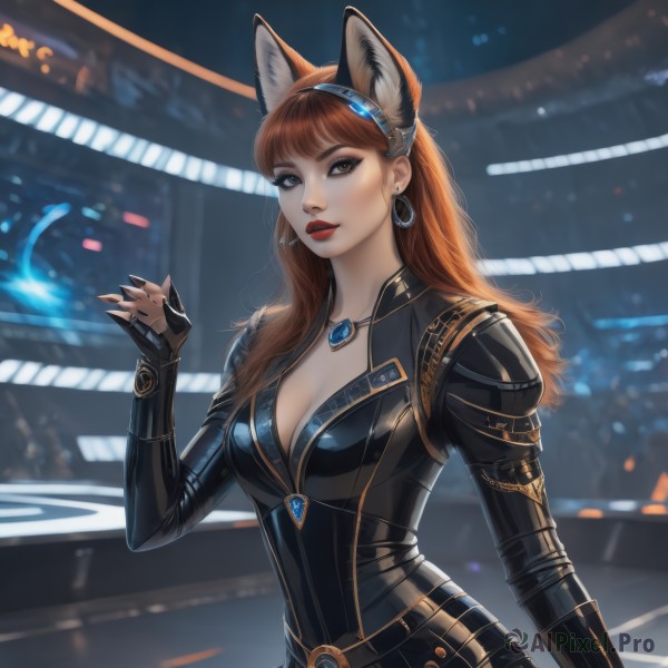 1girl,solo,long hair,breasts,looking at viewer,bangs,blue eyes,brown hair,animal ears,cleavage,brown eyes,jewelry,medium breasts,upper body,hairband,earrings,parted lips,belt,cat ears,hand up,fingerless gloves,necklace,orange hair,blurry,lips,fingernails,fox ears,bodysuit,makeup,blurry background,black nails,hoop earrings,sharp fingernails,black bodysuit,red lips,long sleeves,artist name,nail polish,fox girl,realistic