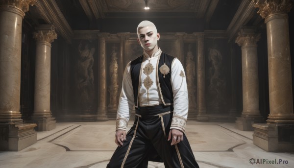 solo,looking at viewer,shirt,long sleeves,1boy,brown eyes,jewelry,closed mouth,standing,white shirt,male focus,cowboy shot,pants,indoors,vest,lips,black pants,ring,black nails,realistic,arms at sides,bald,pillar,statue,column,short hair,holding,tattoo,robe,light,very short hair,priest