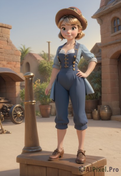 1girl,solo,breasts,looking at viewer,smile,short hair,bangs,blue eyes,blonde hair,shirt,hat,cleavage,brown eyes,closed mouth,green eyes,standing,collarbone,full body,flower,outdoors,sky,shoes,day,pants,lips,hand on hip,window,heterochromia,brown footwear,suspenders,plant,building,sleeves rolled up,freckles,brown headwear,potted plant,overalls,brick wall,no socks,cowboy hat,flower pot,barrel,watering can,pavement,small breasts,high heels