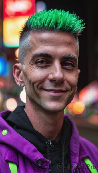 solo,looking at viewer,smile,short hair,1boy,brown eyes,jewelry,jacket,upper body,male focus,multicolored hair,earrings,parted lips,green hair,open clothes,teeth,hood,grin,blurry,black eyes,lips,hoodie,depth of field,blurry background,piercing,hood down,portrait,realistic,drawstring,stud earrings,purple jacket,very short hair,undercut,old,mohawk,purple hoodie,green eyes,grey hair,two-tone hair,grey eyes,old man