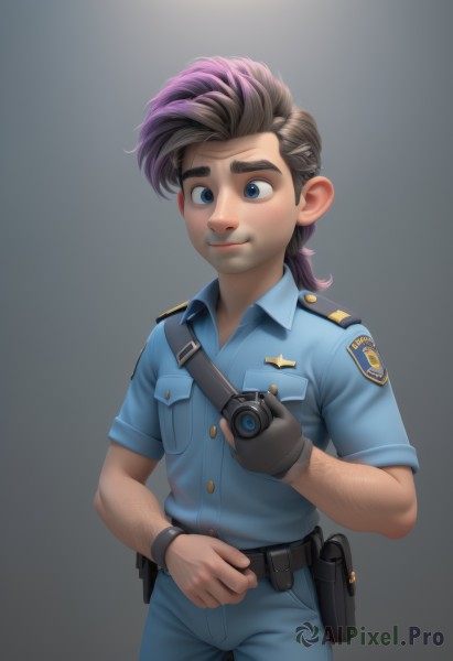 solo,looking at viewer,smile,blue eyes,simple background,brown hair,shirt,gloves,1boy,holding,closed mouth,standing,ponytail,purple hair,short sleeves,male focus,multicolored hair,cowboy shot,black gloves,collared shirt,belt,pants,artist name,grey background,uniform,two-tone hair,gradient,gradient background,thick eyebrows,blue shirt,pocket,watch,black belt,pouch,camera,blue pants,wristwatch,breast pocket,police,police uniform,arm hair,walkie-talkie,long hair,hair ornament,hairclip,watermark,aged down,web address,single glove,male child,badge