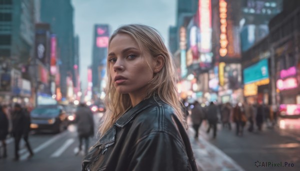 1girl,solo,long hair,looking at viewer,blue eyes,blonde hair,jewelry,jacket,upper body,outdoors,solo focus,day,blurry,lips,black jacket,depth of field,blurry background,denim,ground vehicle,building,motor vehicle,city,realistic,nose,car,road,leather,street,crowd,leather jacket,people,denim jacket,earrings,sky,from side,night,crosswalk