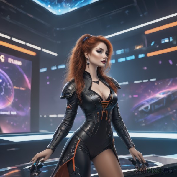 1girl,solo,long hair,breasts,looking at viewer,blue eyes,large breasts,brown hair,long sleeves,holding,cleavage,jewelry,medium breasts,standing,ponytail,cowboy shot,earrings,necklace,nail polish,orange hair,armor,lips,bodysuit,makeup,mask,lipstick,shoulder armor,eyeshadow,black bodysuit,red lips,eyeliner,asymmetrical clothes,mask removed,holding mask,smile,hair ornament,weapon,red hair,wavy hair,web address,science fiction,contrapposto,realistic,card,nose,holding card