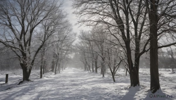 monochrome,outdoors,sky,day,cloud,tree,no humans,sunlight,nature,scenery,snow,forest,winter,bare tree,landscape,footprints,greyscale,multiple boys,road,grey theme