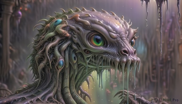 solo,open mouth,green eyes,teeth,blurry,from side,no humans,blurry background,sharp teeth,claws,tentacles,science fiction,rain,monster,creature,dripping,extra eyes,slime (substance),alien,eldritch abomination,blue eyes,colored sclera