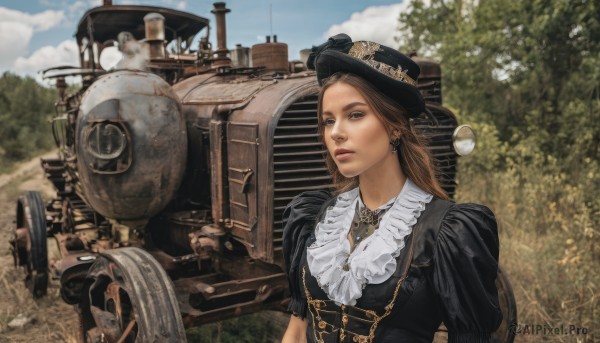 1girl,solo,long hair,brown hair,hat,dress,brown eyes,jewelry,upper body,earrings,outdoors,frills,parted lips,sky,day,puffy sleeves,cloud,necklace,black dress,tree,lips,military,black headwear,grass,ground vehicle,motor vehicle,corset,realistic,military vehicle,tank,steampunk,looking at viewer,blue eyes,aircraft,vehicle focus