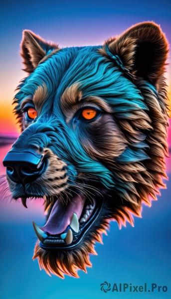 solo,looking at viewer,open mouth,full body,teeth,tongue,tongue out,orange eyes,no humans,glowing,animal,fangs,sharp teeth,glowing eyes,spikes,sunset,monster,realistic,animal focus,whiskers,tusks,sky,blue background,portrait,colored sclera,dog