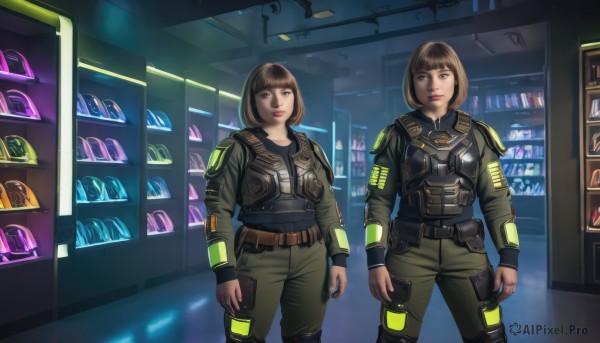 1girl,looking at viewer,short hair,bangs,multiple girls,brown hair,long sleeves,2girls,brown eyes,closed mouth,standing,jacket,belt,pants,indoors,blunt bangs,armor,uniform,vest,lips,military,military uniform,bob cut,bottle,dual persona,science fiction,pouch,realistic,arms at sides,knee pads,shelf,green pants,vending machine,bulletproof vest,phone,cellphone,tactical clothes