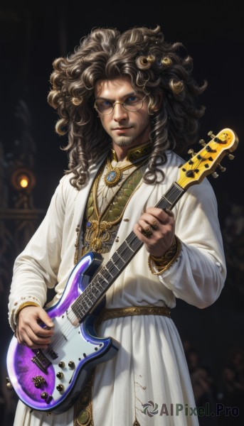 solo,long hair,looking at viewer,blue eyes,brown hair,black hair,long sleeves,1boy,holding,jewelry,closed mouth,standing,male focus,cowboy shot,glasses,dark skin,necklace,blurry,lips,blurry background,facial hair,sunglasses,dark-skinned male,ring,black background,gem,instrument,beard,curly hair,gold trim,robe,realistic,round eyewear,mustache,music,goatee,guitar,playing instrument,holding instrument,electric guitar,white robe,dreadlocks,afro,yellow-framed eyewear,hair ornament,dress,white dress,bracelet,watermark,multiple rings