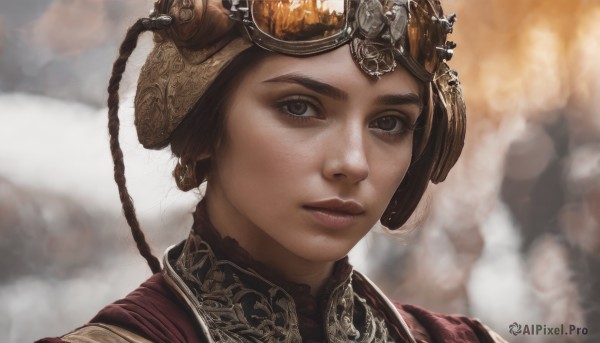 1girl,solo,looking at viewer,brown hair,brown eyes,closed mouth,braid,blurry,lips,grey eyes,eyelashes,depth of field,blurry background,chinese clothes,helmet,goggles,portrait,realistic,nose,long hair,freckles,goggles on head,steampunk