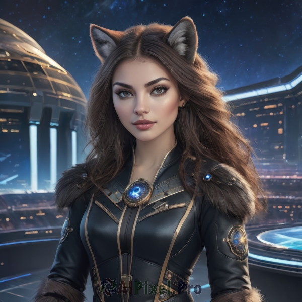 1girl,solo,long hair,breasts,looking at viewer,brown hair,animal ears,brown eyes,jewelry,medium breasts,upper body,earrings,outdoors,sky,artist name,cat ears,lips,fur trim,makeup,night,brooch,building,gem,star (sky),night sky,starry sky,curly hair,nose,signature,animal ear fluff,wolf ears,forehead,realistic