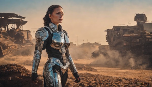 1girl,solo,brown hair,black hair,gloves,brown eyes,standing,weapon,outdoors,sky,armor,lips,gun,looking to the side,military,bodysuit,ground vehicle,shoulder armor,motor vehicle,clenched hands,smoke,science fiction,breastplate,realistic,aircraft,military vehicle,tank,power armor,caterpillar tracks,desert,long hair,dark skin,dark-skinned female,robot,mecha,rifle,sand,ruins,dirty,dust