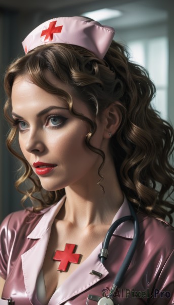 1girl,solo,long hair,breasts,looking at viewer,blue eyes,brown hair,hat,cleavage,jewelry,medium breasts,upper body,earrings,parted lips,blurry,lips,makeup,blurry background,wavy hair,cross,lipstick,curly hair,realistic,nose,nurse cap,red lips,nurse,stethoscope,red cross