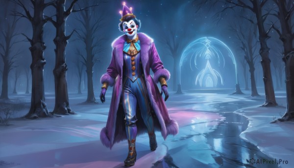 solo,looking at viewer,smile,open mouth,gloves,long sleeves,1boy,hat,standing,full body,male focus,boots,outdoors,open clothes,sky,teeth,pants,artist name,signature,tree,coat,fur trim,ascot,mask,night,glowing,crown,star (sky),nature,night sky,snow,forest,starry sky,reflection,walking,blue pants,bare tree,clown,black hair,bow,jacket,bowtie,black footwear,watermark,glowing eyes,web address,purple gloves,purple jacket,purple pants,purple coat