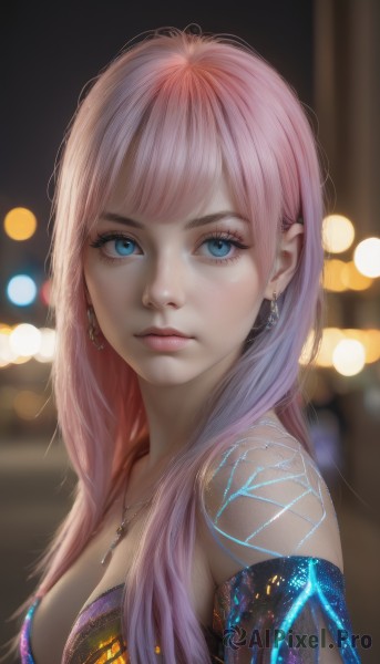 1girl,solo,long hair,breasts,looking at viewer,bangs,blue eyes,cleavage,bare shoulders,jewelry,medium breasts,closed mouth,upper body,pink hair,earrings,necklace,blurry,lips,eyelashes,tattoo,makeup,depth of field,blurry background,piercing,freckles,realistic,nose,bokeh,mascara,dress,multicolored hair,detached sleeves,artist name,from side,strapless,gradient hair,expressionless,hair over shoulder,eyeshadow,eyeliner