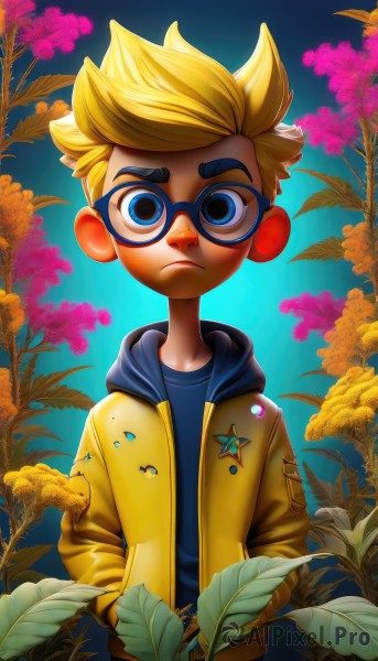 solo,looking at viewer,short hair,blue eyes,blonde hair,shirt,1boy,closed mouth,jacket,upper body,flower,male focus,open clothes,glasses,artist name,hood,star (symbol),open jacket,hoodie,frown,leaf,blue background,hood down,blue shirt,plant,child,hands in pockets,male child,spiked hair,badge