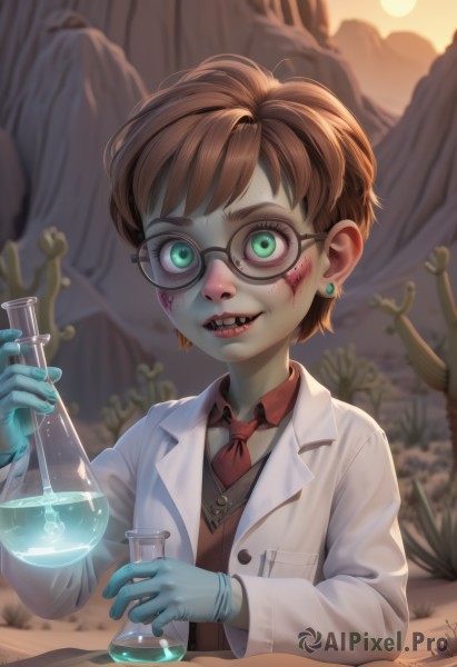 1girl,solo,looking at viewer,smile,short hair,open mouth,brown hair,shirt,gloves,long sleeves,holding,jewelry,green eyes,upper body,earrings,necktie,glasses,teeth,collared shirt,artist name,signature,coat,blood,makeup,colored skin,red necktie,freckles,blood on face,labcoat,white coat,blue gloves,stud earrings,crazy eyes,test tube,flask,vial,parted lips,vest,lips,scar,sharp teeth,round eyewear,potion