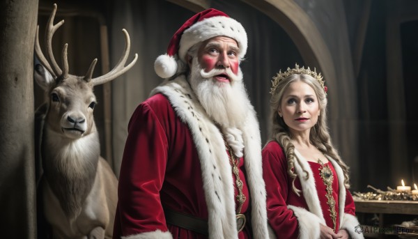 HQ,1girl,long hair,looking at viewer,blonde hair,long sleeves,1boy,hat,dress,jewelry,white hair,indoors,lips,fur trim,facial hair,red dress,crown,christmas,red headwear,beard,santa hat,santa costume,realistic,mustache,red lips,candle,antlers,manly,old,old man,candlestand,fireplace,reindeer,blue eyes,siblings,animal,parody