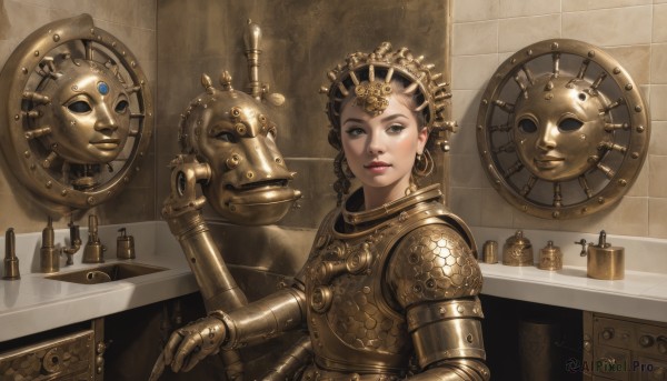 1girl,solo,looking at viewer,short hair,brown hair,black hair,holding,brown eyes,jewelry,upper body,earrings,indoors,armor,black eyes,lips,makeup,mask,helmet,lipstick,shoulder armor,gauntlets,reflection,pauldrons,gold trim,breastplate,mirror,realistic,clock,tiles,gold,gears,tile wall,sink,gorget,steampunk,gold armor,plate armor,weighing scale,hair ornament,closed mouth,braid