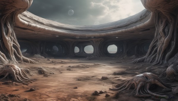 outdoors,sky,teeth,cloud,no humans,moon,cloudy sky,scenery,science fiction,monster,rock,sand,alien,desert,dust,eldritch abomination,day,tentacles,realistic,space,planet,spacecraft