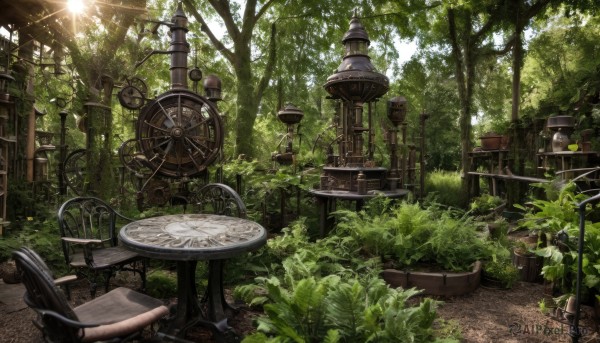 outdoors,day,tree,no humans,chair,table,sunlight,grass,plant,nature,scenery,forest,light rays,clock,road,gears,path,lamp,bench,bush,lamppost,ladder,overgrown,wooden chair