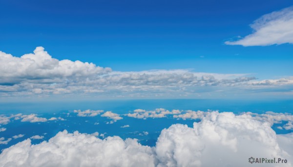 monochrome,outdoors,sky,day,cloud,water,blue sky,no humans,ocean,cloudy sky,scenery,blue theme,horizon,above clouds,signature