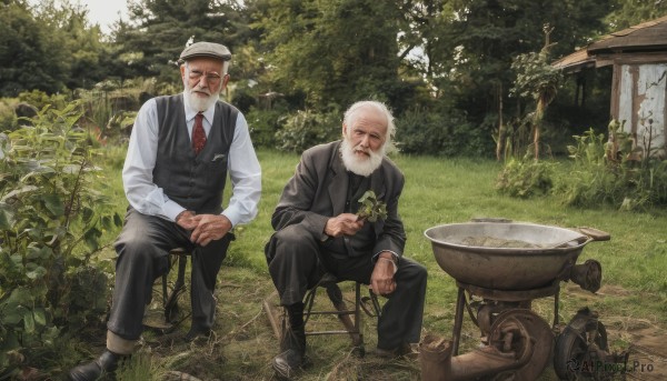 shirt,hat,sitting,white hair,male focus,outdoors,multiple boys,necktie,day,2boys,vest,tree,facial hair,scar,chair,formal,suit,grass,plant,nature,beard,forest,realistic,mustache,manly,old,stool,old man,long sleeves,holding,closed eyes,white shirt,flower,boots,shoes,collared shirt,pants,black footwear,black pants,own hands together,red necktie,scar on face,black vest,holding flower,wheelchair