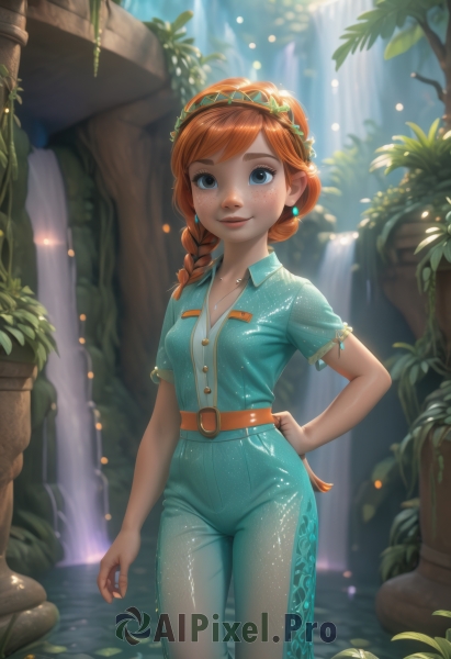 anna (frozen),1girl,solo,long hair,breasts,looking at viewer,blush,smile,bangs,blue eyes,shirt,jewelry,closed mouth,standing,collarbone,braid,short sleeves,cowboy shot,hairband,earrings,small breasts,outdoors,belt,pants,artist name,signature,water,necklace,orange hair,blurry,tree,lips,hand on hip,single braid,depth of field,blurry background,swept bangs,leaf,watermark,aged down,plant,child,nature,hair over shoulder,web address,freckles,female child,brown belt,head wreath,waterfall,red hair,twin braids,denim,jeans,tight