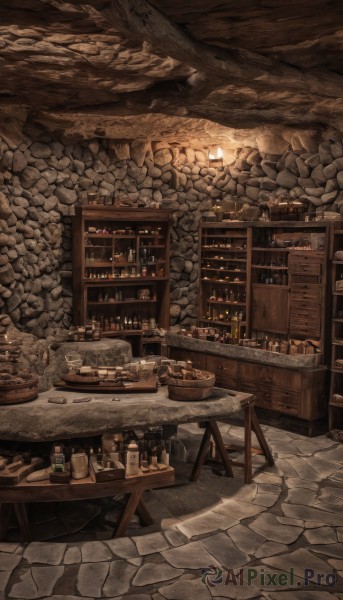 indoors,cup,no humans,chair,table,bottle,scenery,alcohol,drinking glass,wooden floor,lamp,wall,brick wall,stool,shelf,wine bottle,jar,bar (place),counter,barrel,crate,plate,lantern,stairs,fantasy,basket,candle,cabinet,stone floor,stone wall,wood