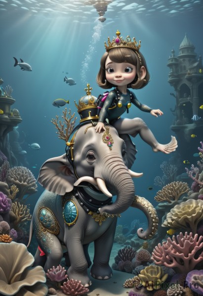 1girl,solo,smile,short hair,open mouth,bangs,brown hair,long sleeves,dress,brown eyes,jewelry,necklace,black eyes,black dress,animal,sunlight,crown,gem,child,fish,bubble,light rays,underwater,fantasy,female child,riding,air bubble,sunbeam,shell,starfish,turtle,coral,blush,earrings,teeth,artist name,water,bodysuit,ocean,watermark,monster girl,pearl necklace,pearl (gemstone),elephant