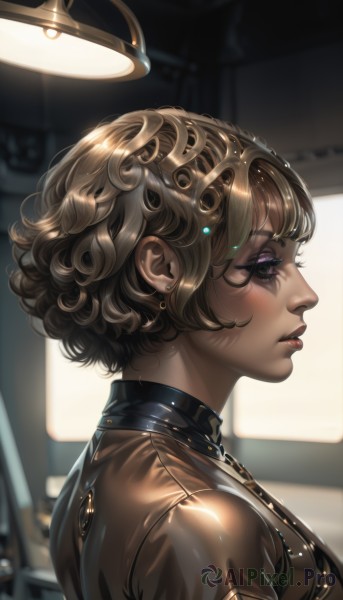 1girl,solo,breasts,short hair,bangs,brown hair,jewelry,purple eyes,upper body,earrings,parted lips,shiny,indoors,dark skin,blurry,from side,dark-skinned female,lips,eyelashes,bodysuit,profile,makeup,blurry background,lipstick,curly hair,shiny clothes,nose,latex,blush,chain,halo,looking away,piercing,ear piercing,eyeshadow,red lips