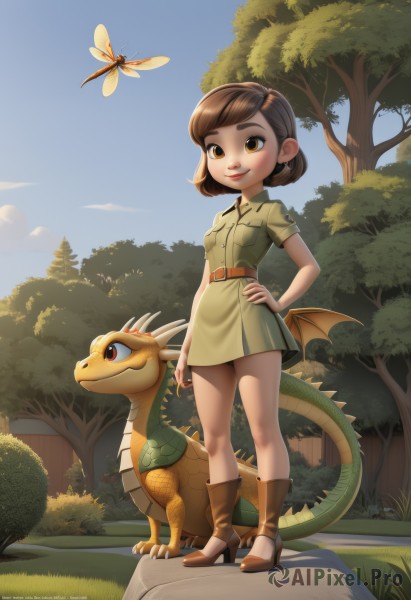 1girl,breasts,smile,short hair,brown hair,red eyes,dress,brown eyes,closed mouth,standing,tail,full body,short sleeves,small breasts,boots,outdoors,wings,horns,sky,day,belt,artist name,high heels,tree,blue sky,lips,hand on hip,watermark,brown footwear,short dress,grass,bug,butterfly,nature,web address,forest,dragon girl,dragon,dragon tail,brown belt,solo,bangs,water,pokemon (creature),thick eyebrows,claws,high heel boots,green dress,rock,realistic,nose,bush,deviantart username