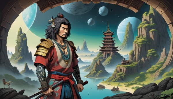 solo,black hair,1boy,holding,jewelry,standing,closed eyes,weapon,male focus,outdoors,sky,sword,water,necklace,holding weapon,armor,sash,night,facial hair,bird,holding sword,chinese clothes,moon,sheath,star (sky),night sky,scenery,beard,full moon,starry sky,dual wielding,rock,mountain,mustache,architecture,east asian architecture,planet,cliff,tattoo,sheathed,topknot,castle,earth (planet),samurai