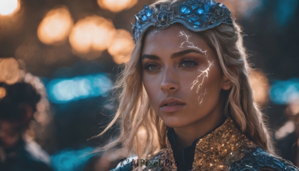 1girl,solo,long hair,looking at viewer,blonde hair,brown eyes,parted lips,teeth,armor,blurry,lips,eyelashes,depth of field,blurry background,tiara,portrait,realistic,nose,crown,freckles,bokeh