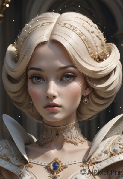 1girl,solo,looking at viewer,short hair,blue eyes,blonde hair,hair ornament,dress,jewelry,collarbone,upper body,braid,earrings,parted lips,teeth,choker,artist name,necklace,white dress,armor,blurry,lips,grey eyes,eyelashes,makeup,blurry background,watermark,gem,portrait,close-up,freckles,curly hair,gold trim,realistic,nose,mascara,blush,bangs,white hair,blue gemstone