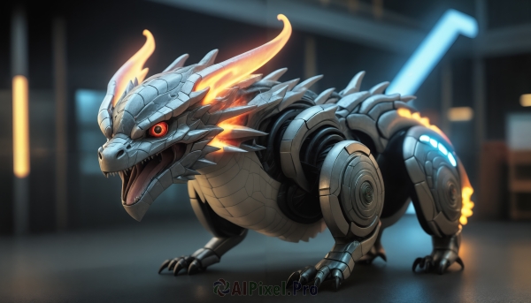 HQ,solo,open mouth,red eyes,standing,tail,full body,teeth,artist name,blurry,pokemon (creature),no humans,blurry background,glowing,fangs,watermark,fire,robot,sharp teeth,mecha,claws,colored sclera,science fiction,monster,scales,non-humanoid robot,dinosaur,mechanization,looking at viewer,realistic