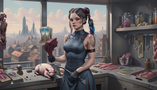 1girl,solo,long hair,breasts,black hair,gloves,dress,holding,bare shoulders,brown eyes,medium breasts,blue hair,ponytail,braid,multicolored hair,food,sky,sleeveless,black gloves,cloud,indoors,apron,black dress,two-tone hair,lips,window,tattoo,gradient hair,sleeveless dress,animal,knife,building,armlet,city,nose,cityscape,money,kitchen,pig,kitchen knife,cutting board,tongs,looking at viewer,hair bun,twin braids,double bun,makeup,cat,armband,arm tattoo,onion