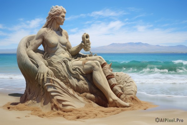 1girl,solo,long hair,breasts,navel,holding,medium breasts,sitting,nipples,full body,weapon,white hair,nude,outdoors,sky,day,cloud,water,holding weapon,blue sky,gun,colored skin,ocean,beach,monster girl,holding gun,breasts apart,handgun,realistic,sand,horizon,giant,grey skin,giantess,reclining,waves,alien,fine art parody,barefoot,lips,fingernails,crossed legs,statue,dark nipples,colored nipples