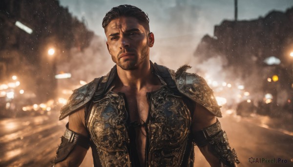 solo,looking at viewer,short hair,black hair,1boy,closed mouth,upper body,male focus,outdoors,dark skin,armor,blurry,black eyes,looking to the side,muscular,blurry background,facial hair,scar,dark-skinned male,shoulder armor,scar on face,armlet,pauldrons,realistic,scar across eye,manly,chest hair,open clothes,night,depth of field,beard,bokeh